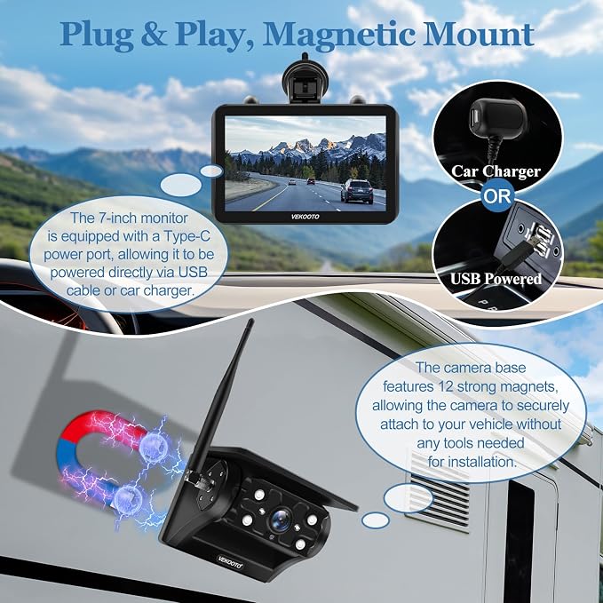 VEKOOTO Magnetic Solar Wireless Backup Camera VK7, 000mAh Rechargeable Camera - Image 2