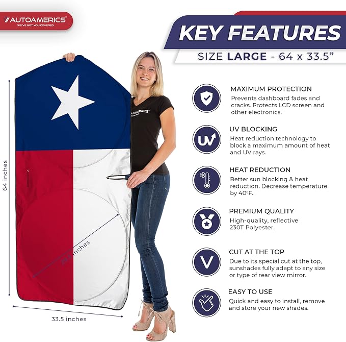 Autoamerics 1-Piece Windshield Sun Shade American Texas Flag USA Patriotic - Image 2