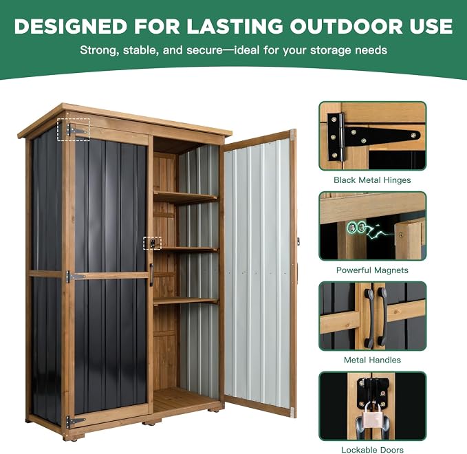 Outdoor Storage Cabinet Wood & Metal, Storage Shed Waterproof Double Lock - Image 6