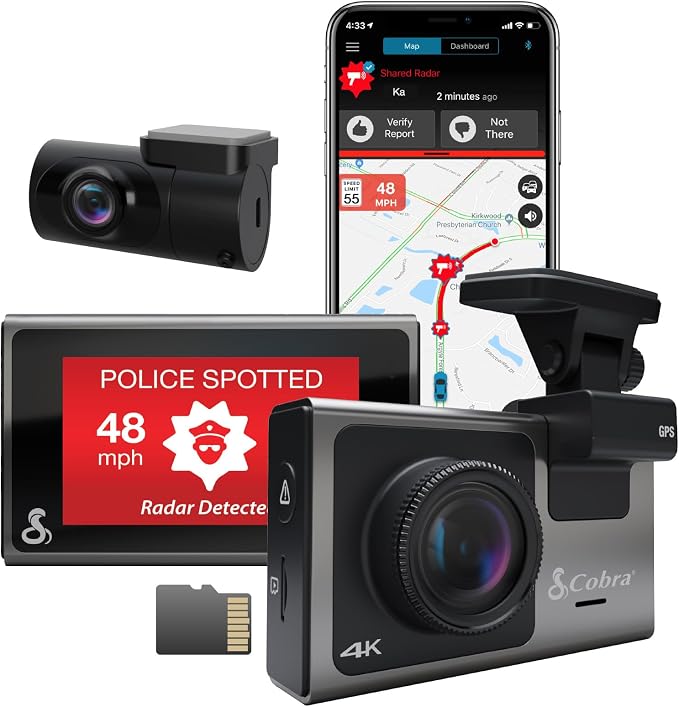 Cobra Smart Dash Cam + Rear Cam – UHD 4K Resolution, Alexa Built-In, 3-Camera by CobraElectronics