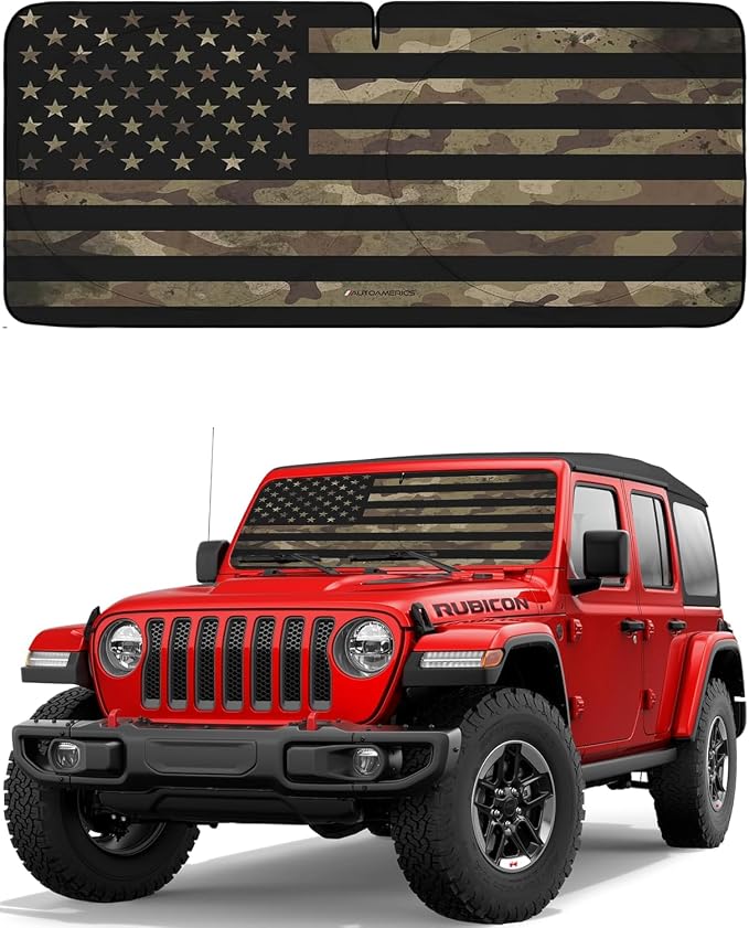 Autoamerics JeepWrangler Dark Camo Flag 1-Piece Windshield Sun Shade Foldable by AutoamericsUS