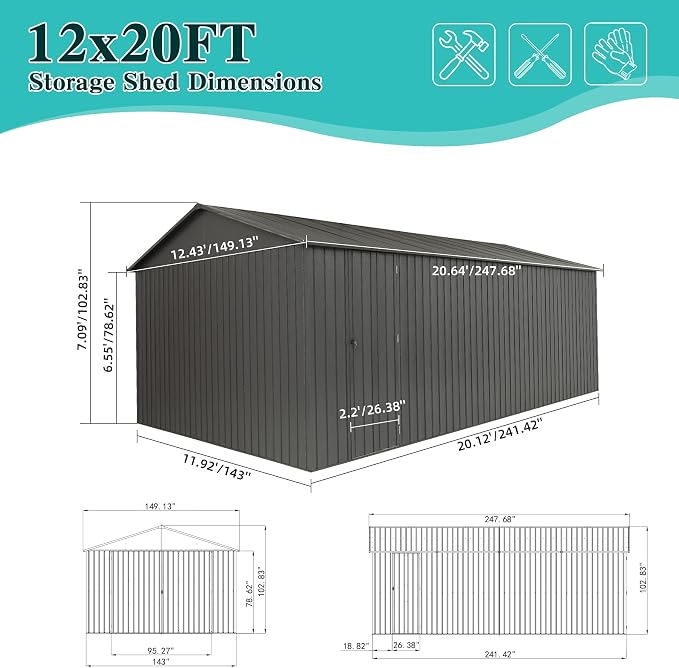 Domi 12x20FT Outdoor Garage Metal Shed, Extra Large Carport - Image 7