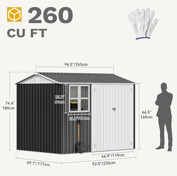 DWVO 8' x 6' Outdoor Storage Shed, Waterproof Metal Garden Shed - Image 9