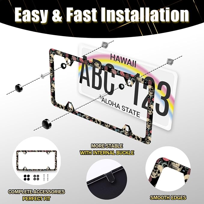 Skulls Flowers License Plate Frame Colorful Skull License Plate Stainless Steel - Image 7