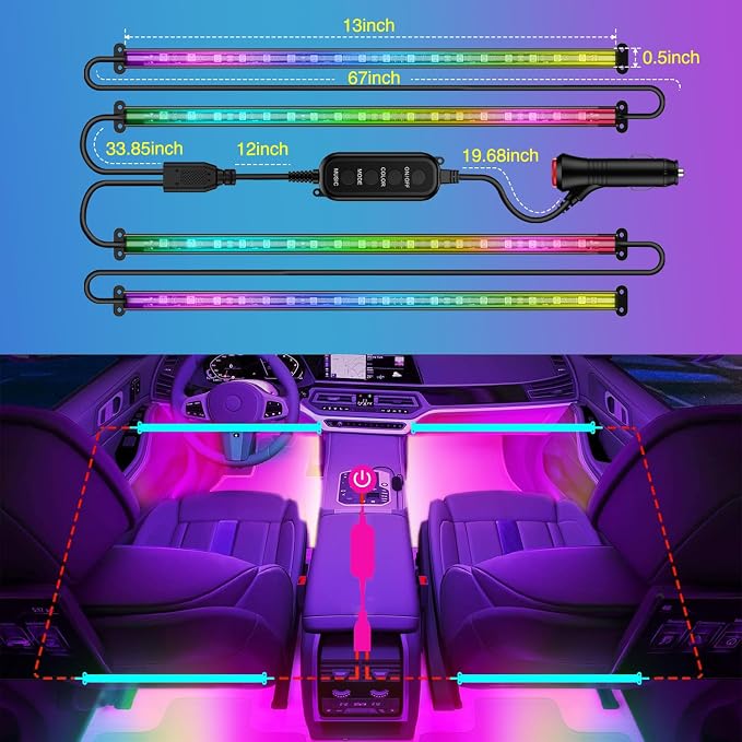 Nilight 4PCS Interior Car Strip Lights Cigarette Lighter Dream Color RGB-IC 12V - Image 5