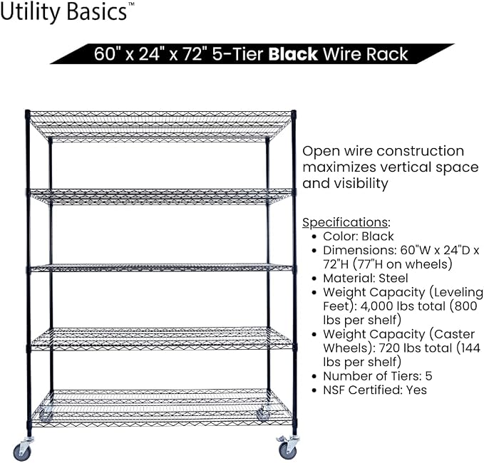 60"x24"x72" Black 5-Tier Premium Metal Wire Shelving NSF 4000 LBS MAX Capacity - Image 5