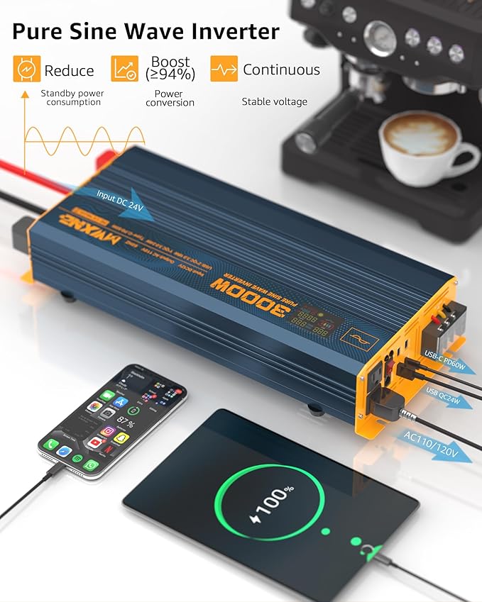 3000W Pure Sine Wave Power Inverter DC 24V to 110V 120V AC - Image 5