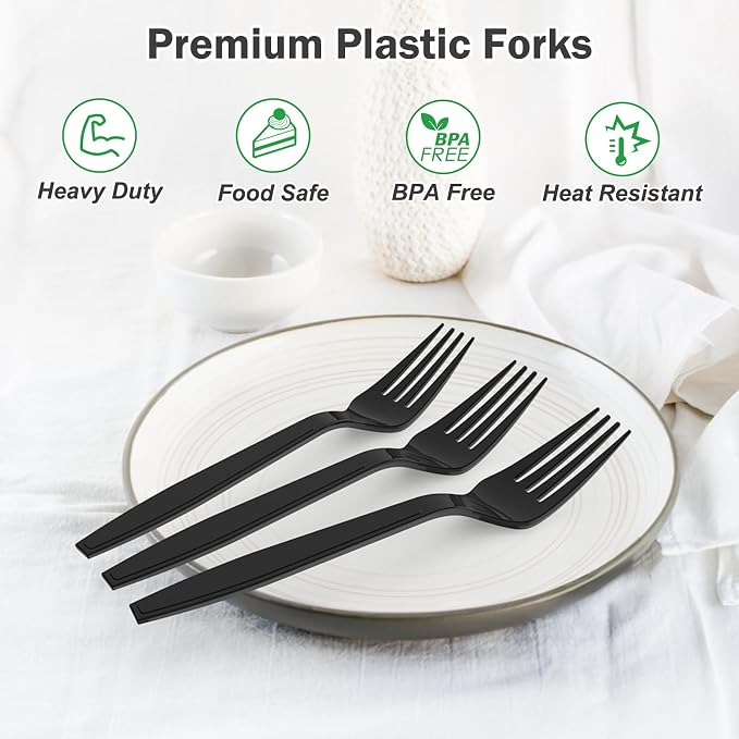 360 Count Extra Heavy Duty Black Plastic Forks Disposable, Heat Resistant - Image 4