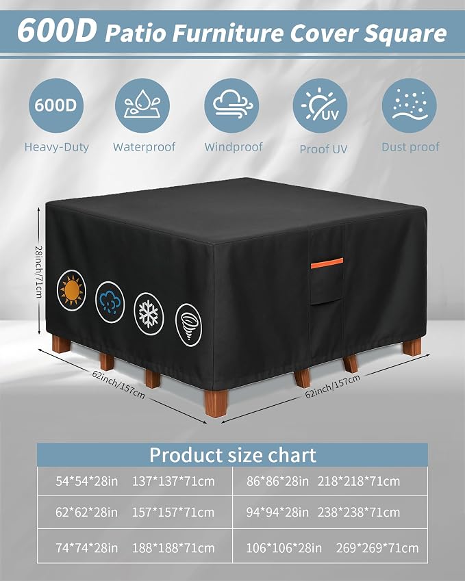 Outdoor Waterproof Furniture Cover, 62W x 62L x 28H inches Heavy Duty 600D - Image 3