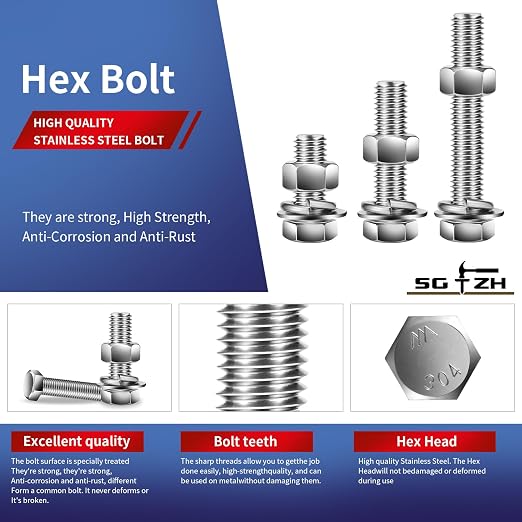 1/2-13 x 1" Hex Head Screw Bolt, Flat & Lock Washers, Fully Threaded, by SG TZH - Image 4