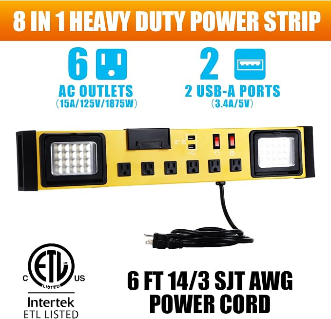 6 Outlets Power Strip with LED Worklight, Metal Heavy Duty Wall Mount Workbench - Image 3