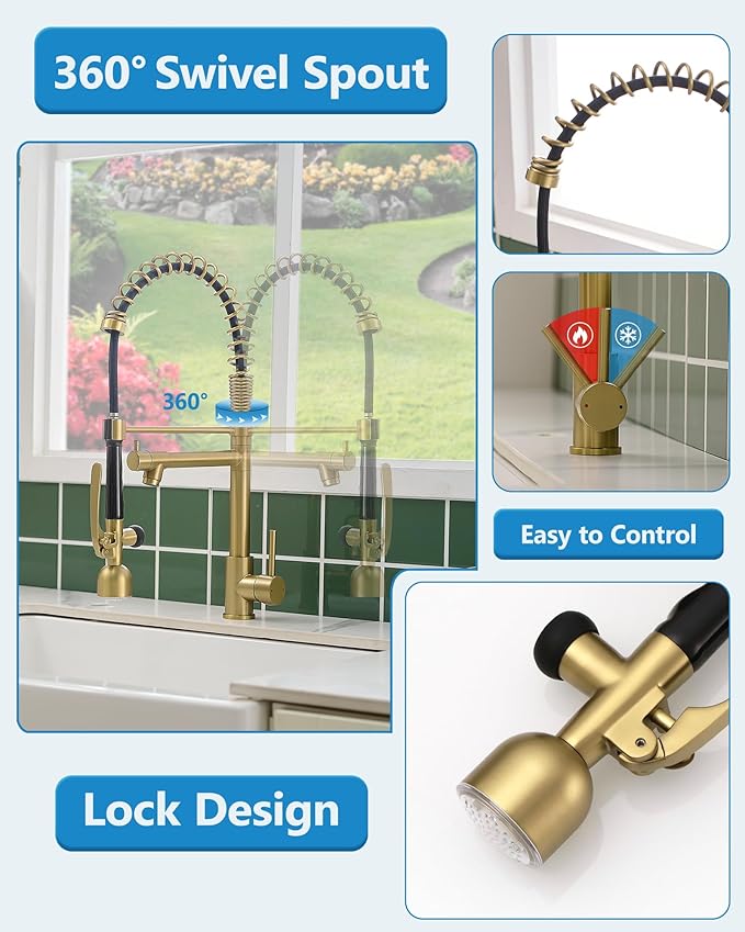 Fapully Single Handle High Arc Brushed Gold Pull Down Kitchen Faucet LED - Image 5