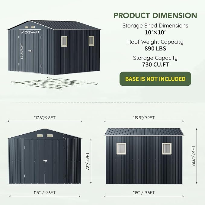 10x10 FT Outdoor Metal Storage Shed, Double Swing Doors, 2 Clear Windows - Image 2