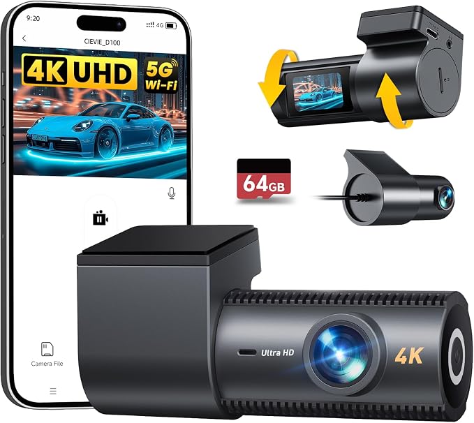 4K Dash Cam Front and Rear, 64GB SD Card, 1.5” IPS Display Car Camera, 5Ghz by CIEVIE