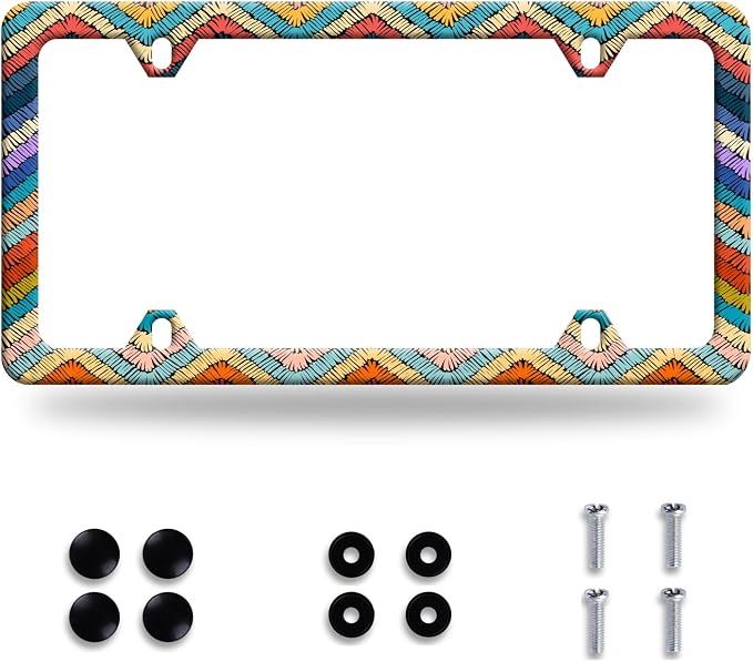 Boho License Plate Frame Colorful Stripe License Plate Stainless Steel Funny by GORSNKYE
