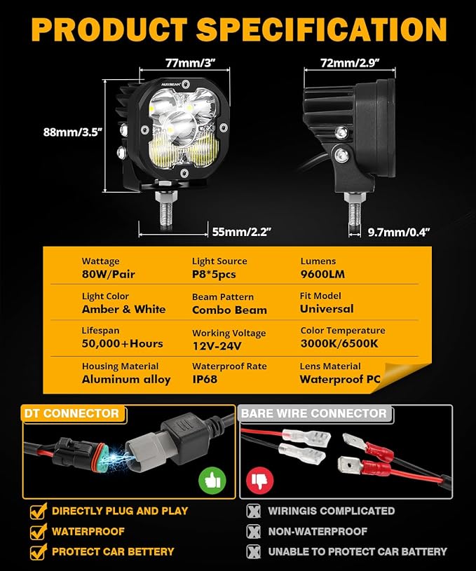 Auxbeam 3 Inch Led Pods Amber Fog White Off Road Driving Light XP-Ultra Series - Image 6