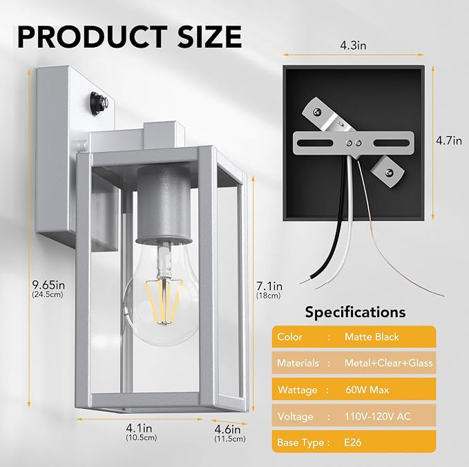 PARTPHONER Dusk to Dawn Outdoor Light Fixtures, Waterproof Exterior Wall Sconce - Image 4