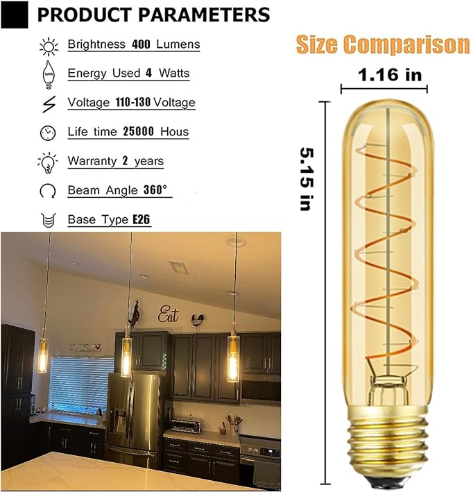Leools Vintage T10 LED Edison Light Bulb Super Thin Filament, 40 Watt Warm - Image 3