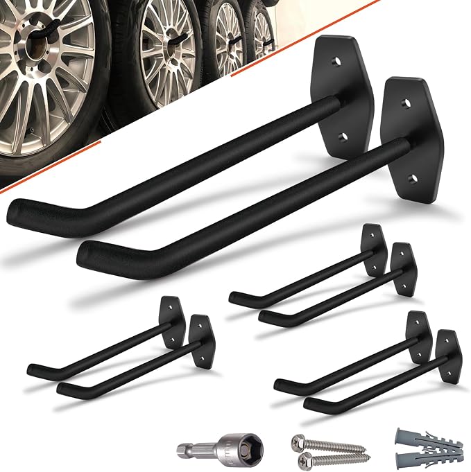 8 Pack Tire Storage Rack Wall Mount, 10in Large Garage Hooks Heavy Duty by SunVFaFa