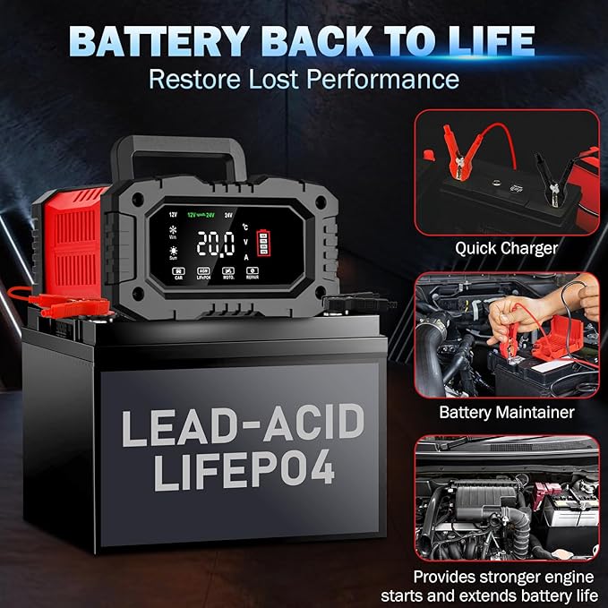20-Amp Car Battery Charger, 12V/20A and 24V/10A LiFePO4, Lead-Acid Automatic - Image 6