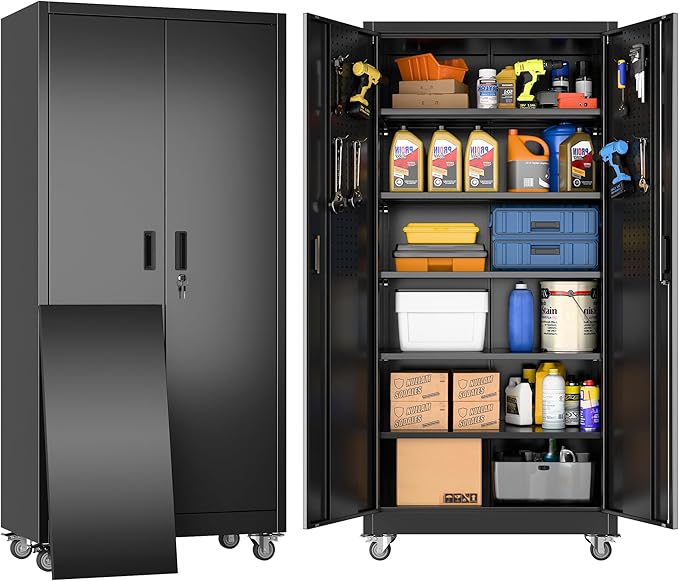 Garage Storage Cabinet with Wheels & Pegboard, Assembly Required by GANGMEIMENTALSTORAGECABINET