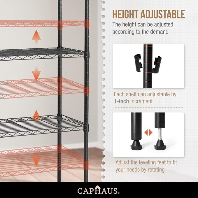 CAPHAUS NSF Adjustable Height Wire Shelving Unit w/Liner, 5-Tier Metal Steel - Image 4