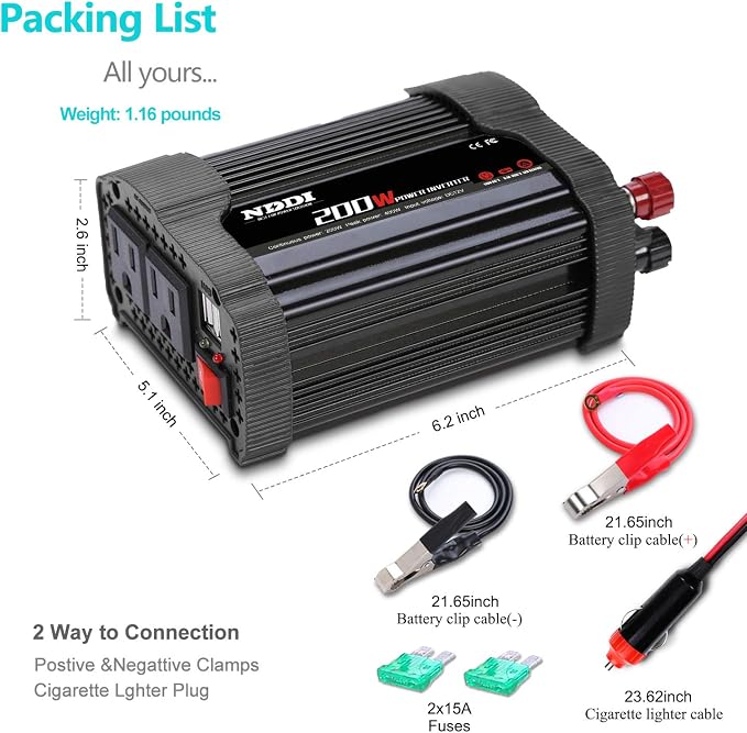 NDDI 200W Car Power Inverter 12V DC to 110V AC Converter - Image 6