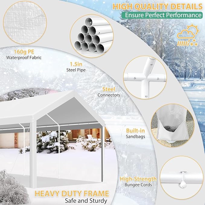 COBIZI Carport 12x20ft Heavy Duty Portable Garage, 2.0 Powder Coated Frame - Image 5