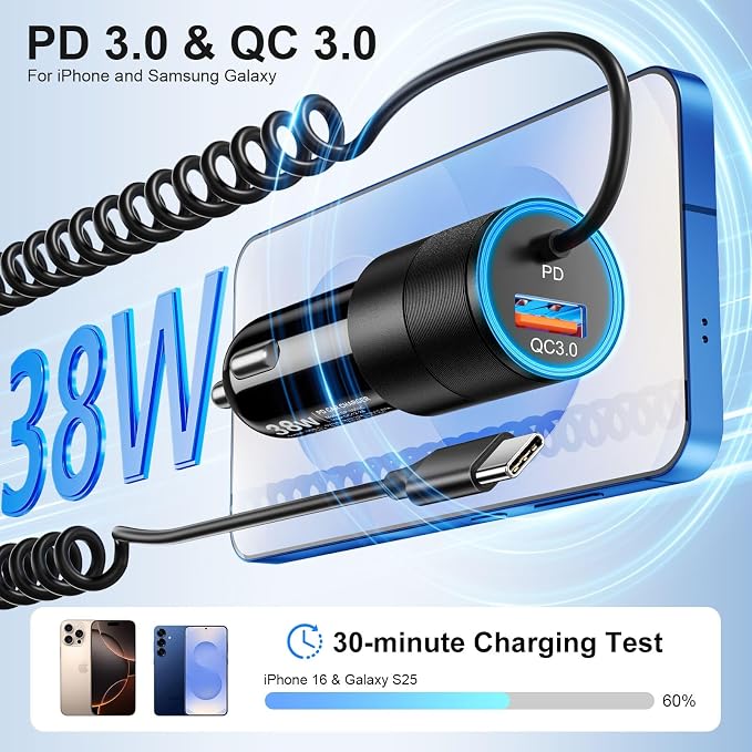 3-Pack USB C Car Charger, 38W Fast Charging Car Phone Charger+3.5FT Type C - Image 2