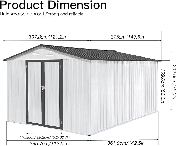 12 x 10 FT Metal Garden Shed, Outdoor Storage Shed - Image 2