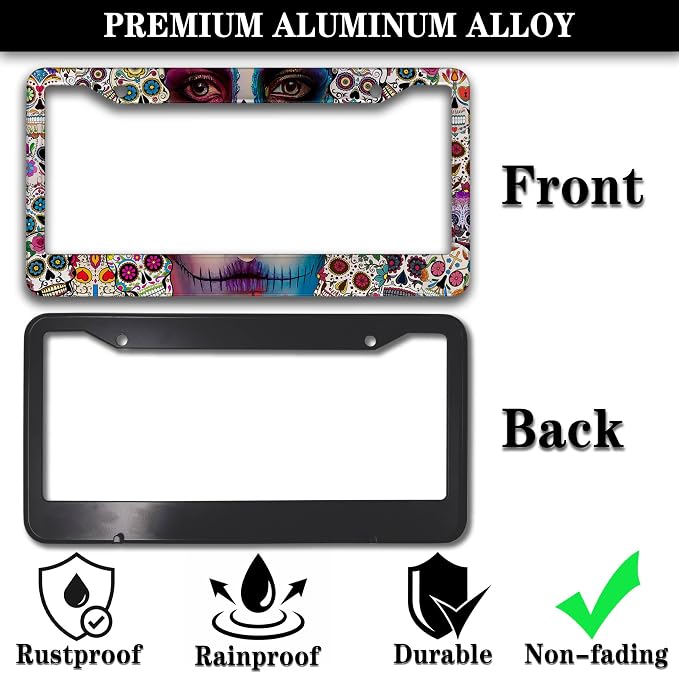License Plate Frames for Women Multicolor Plate Cover for Men Sugar Skull - Image 3