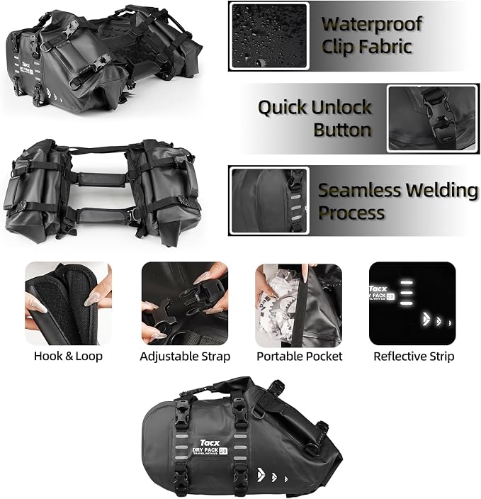 Motorcycle Saddle Bags Tail Bag, 20L Roll-top Waterproof Motor Detachable Side - Image 3