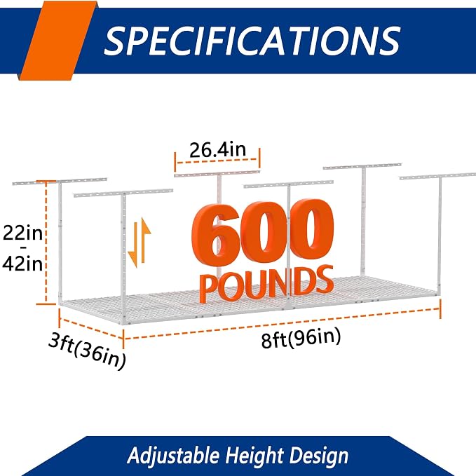3 x 8FT Overhead Garage Storage Rack, Adjustable Ceiling Storage Racks - Image 2