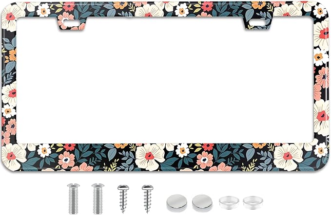 Folk Floral License Plate Frame Colorful Flowers Stainless Steel License Plate by TXWWXT