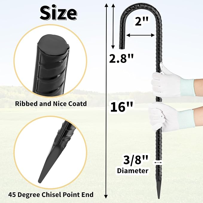 16 Inches 24-Pack J Hook Rebar Stakes Heavy Duty Tent Stakes - Image 2