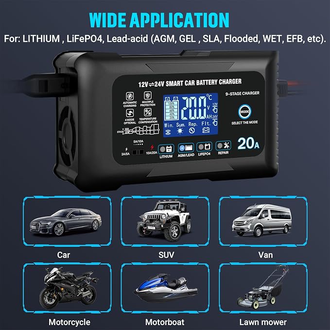 Battery Charger 0-20A 12V/24V Lithium LiFePO4 Lead Acid Fully Automatic - Image 2