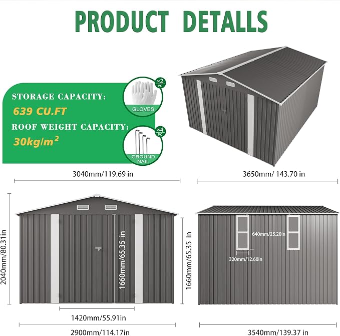 10 x 12 FT Large Outdoor Storage Shed w/ 2 Clear Window, Heavy Duty Metal - Image 3