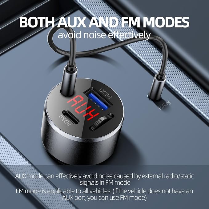 AUX Car Adapter FM Transmitter, iMyOnly QC/PD All-Metal Bluetooth V5.3 AUX - Image 3