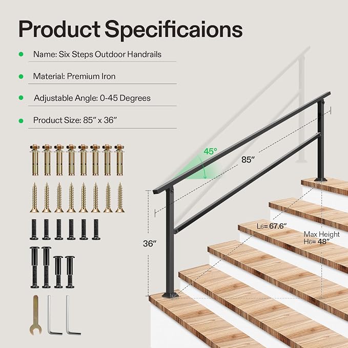 VIVOSUN Outdoor Handrail, 6-7 Step Stair Handrail, Wrought Mattle Iron Handrail - Image 2