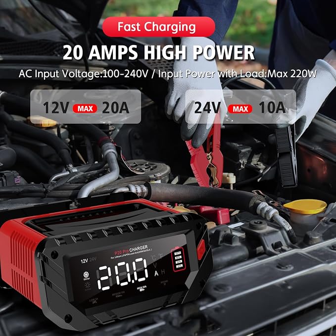 20-Amp Car Battery Charger, 12V/24V Smart Automotive Charger, Battery Maintainer - Image 3