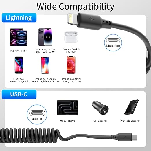 Coiled USB C to Lightning Cable 3FT, 2 Pack Short Car Charger Cord Fast - Image 7