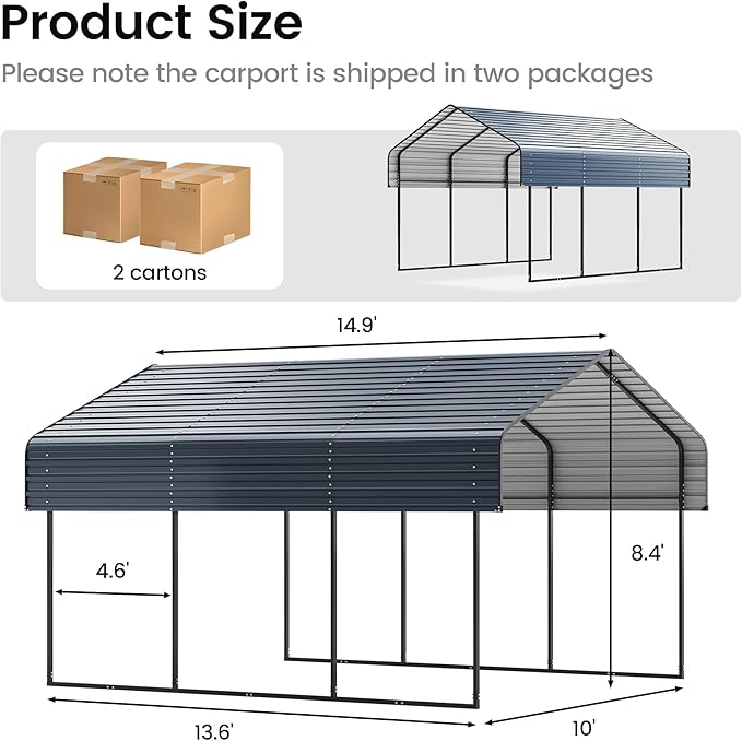 10'x15' Heavy Duty Metal Carport, Outdoor Garage Car Shelter Shade - Image 7