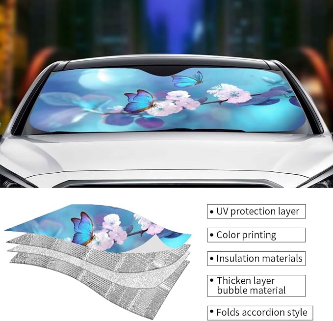 Blue Butterfly Flower Car Windshield Sunshade Front Window Sun Visor Protector - Image 5