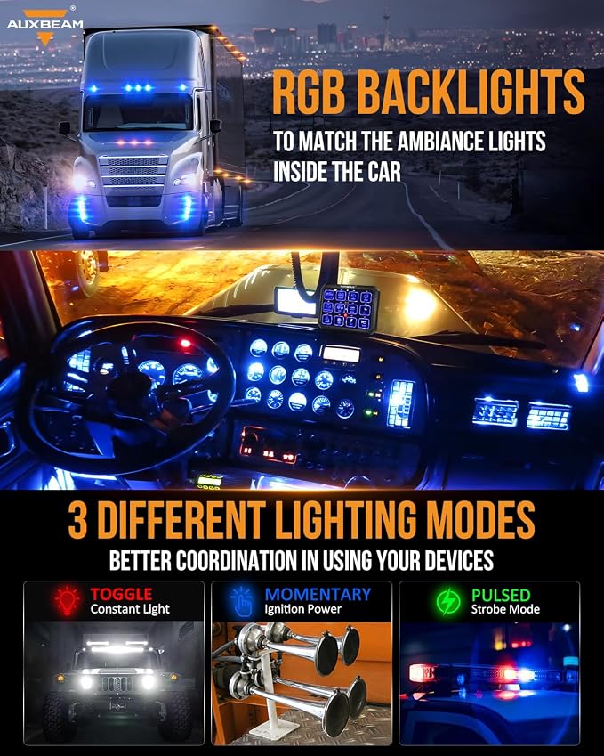 Auxbeam 12 Gang Switch Panel RB120 Toggle Momentary Pulsed RGB Dimmable Switch - Image 4