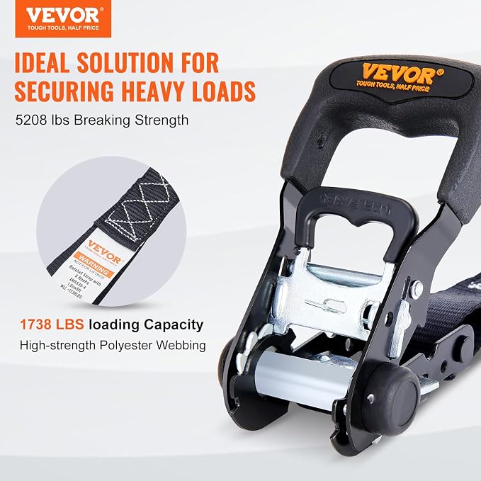 VEVOR Ratchet Tie Down Straps, 5208lbs Break Strength, 1.6" x 8' Heavy Duty - Image 2