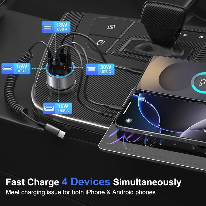 Car Charger USB C, 65W Dual 12V Cigarette Lighter USB Car Adapter - Image 4