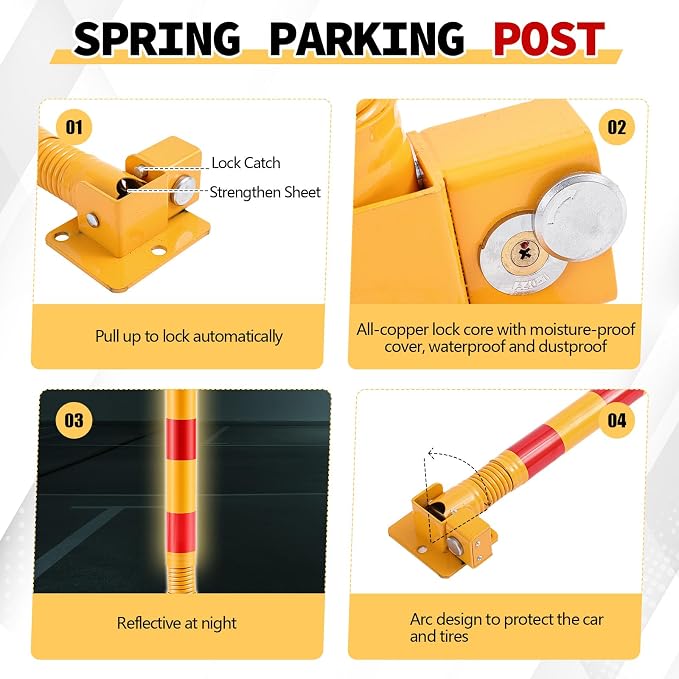 Zonon 1 Pcs Spring Parking Post Folding Heavy Metal Parking Barrier Lock - Image 3