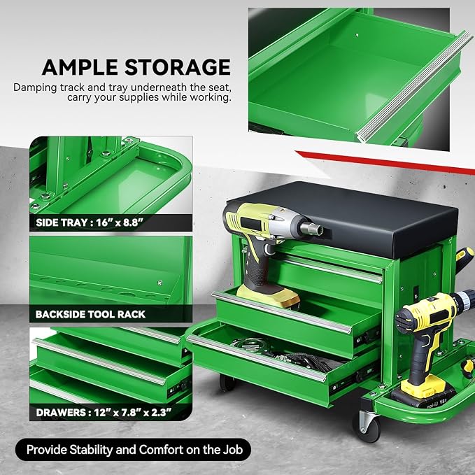 Auto Dynasty 3-Drawer Mechanic Rolling Seat, 350 LBS Capacity Roller Garage - Image 3