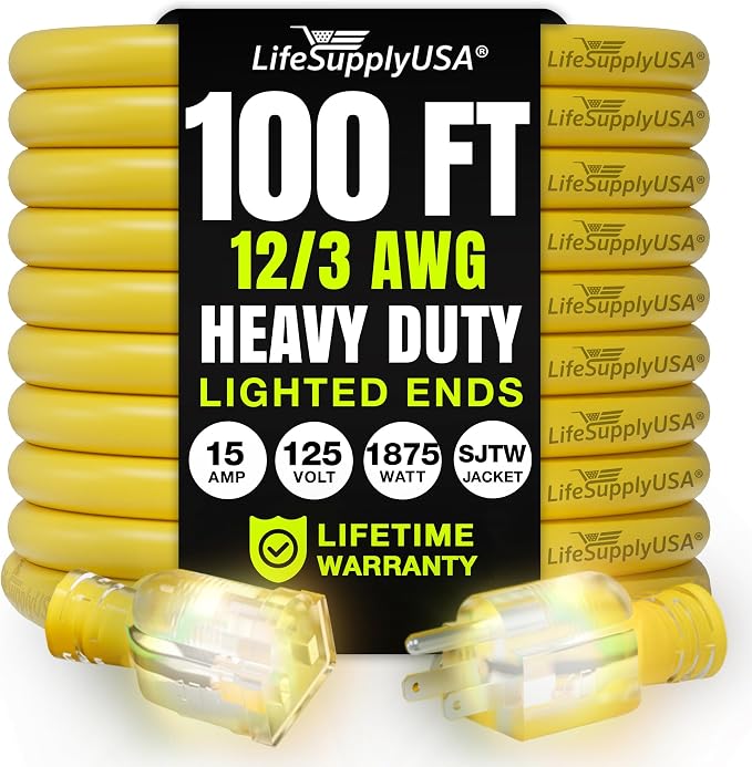 100ft Outdoor/Indoor Extension Cord 12/3 Gauge Extra Heavy Duty 3 Prong SJTW by LifeSupplyUSA
