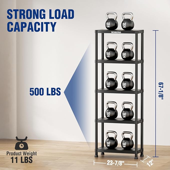 WORKPRO 5-Tier Plastic Storage Shelves, 500lb Capacity Shelving Unit, 67.1" H x - Image 3
